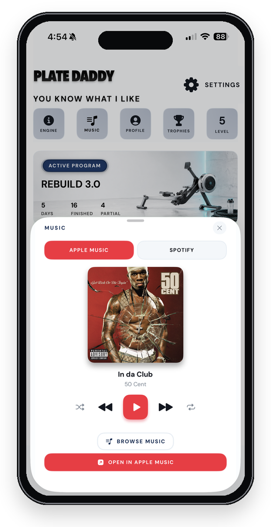 In-app music popup with Apple Music and Spotify toggle
